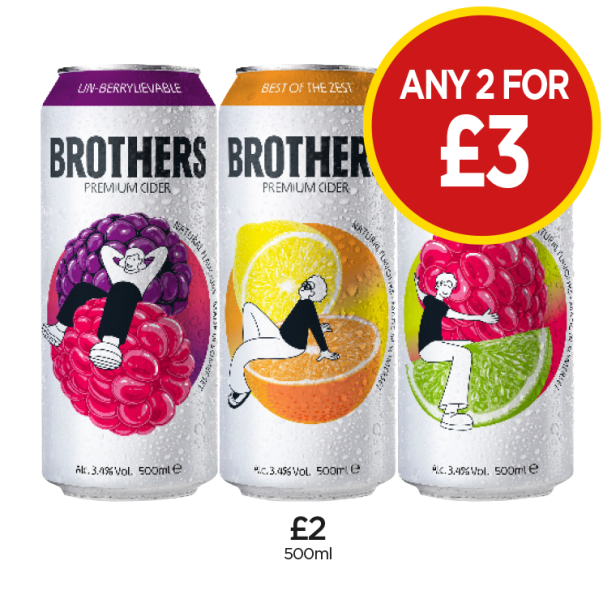 Brothers Cider Un-Berrylievable, Best Of The Zest, Berry Sub-Lime - Any 2 for £3 at Budgens