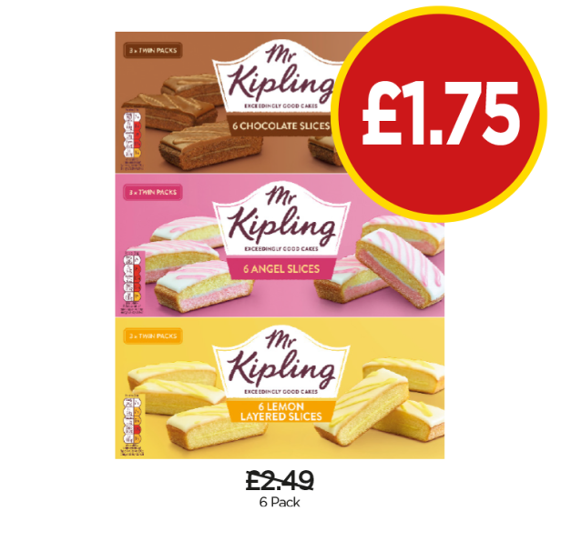 Mr Kipling Chocolate Slices, Angel Slices, Lemon Layered Slices - Now Only £1.75 at Budgens