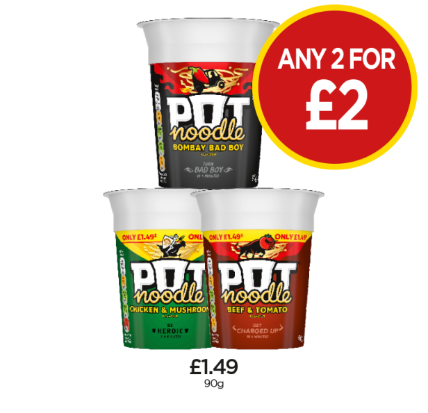 Pot Noodle Bombay Bad Boy, Chicken & Mushroom, Beef & Tomato - Any 2 for £2 at Budgens