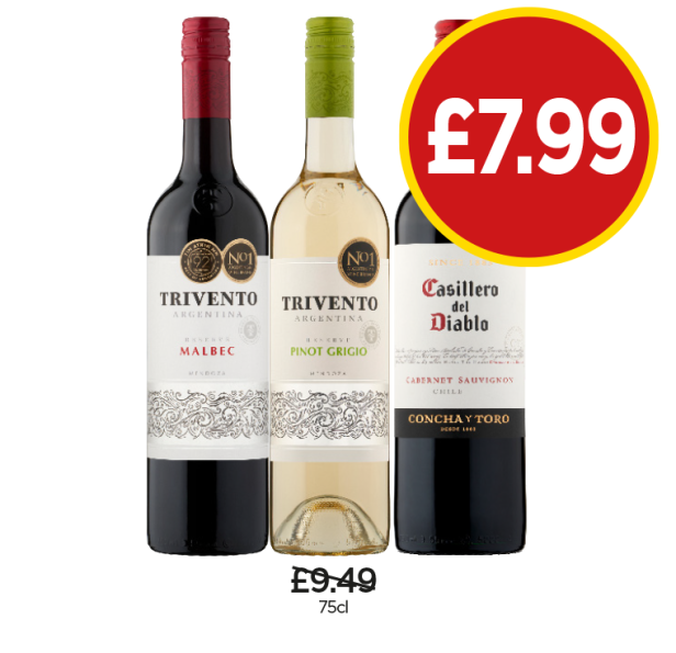 Trivento Malbec, Pinot Grigio, Casillero del Diablo - Now Only £7.99 at Budgens