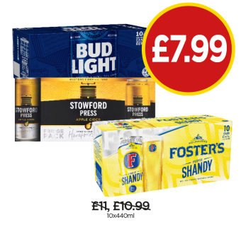Bud Light, Stowford Press, Fosters Shandy - Now Only £7.99 at Budgens