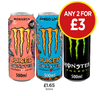 Monster Energy Original, Juiced Monarch, Mango Loco - Any 2 for £3 at Budgens