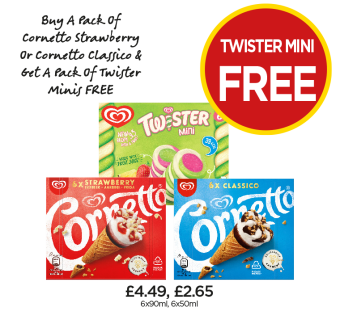 Twister Mini, Cornetto Strawberry, Classico - Buy A Pack of Cornetto Strawberry or Cornetto Classico & get A Pack of Twister Minis FREE at Budgens