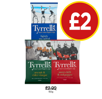 Tyrrells Lightly Sea Salted, Sea Salt & Cider Vinegar, Sweet Chilli & Red Pepper - Now Only £2 at Budgens