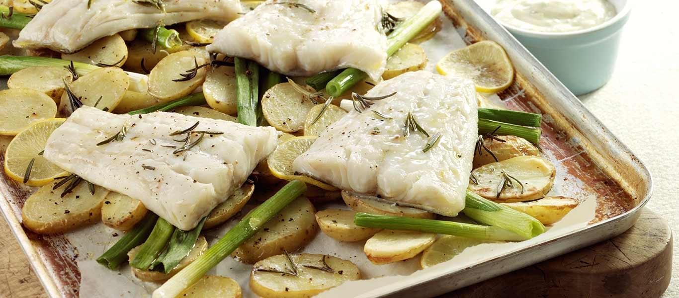 Baked Cod with New Potatoes & Spring Onions