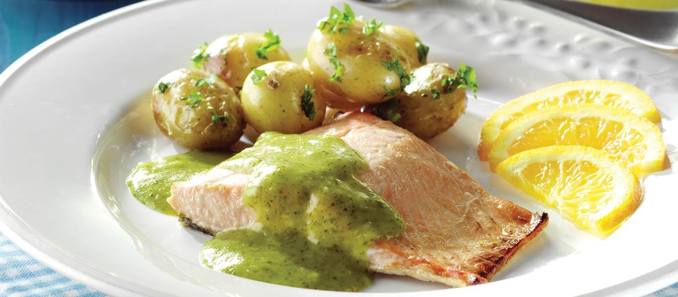 Barbecued Salmon with New Potatoes & Watercress Sauce