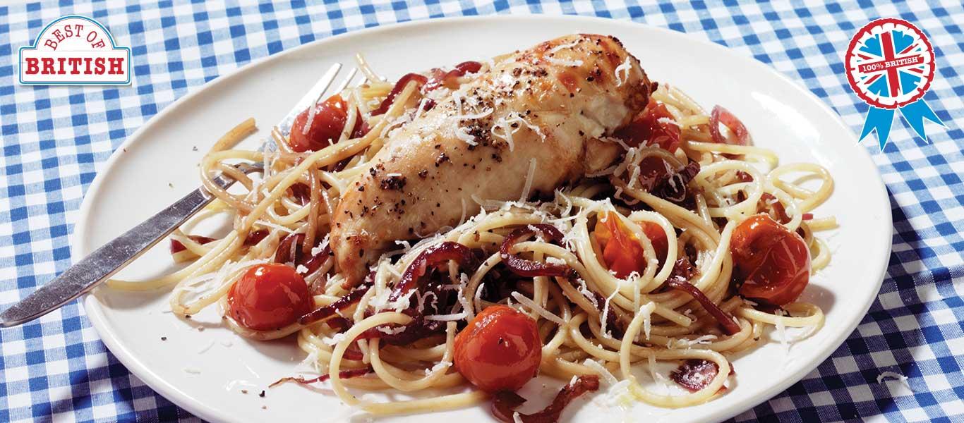 Tomato & Red Onion Spaghetti with Grilled Chicken