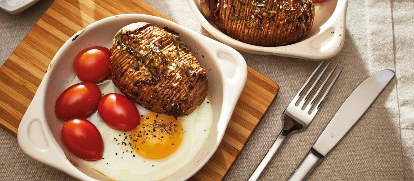 Hasselback Potatoes with Baked Eggs