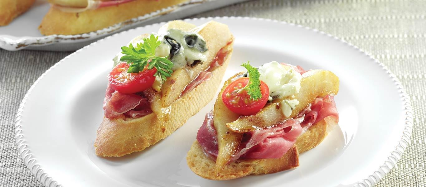 Pear, Parma Ham & Blue Cheese Crostini