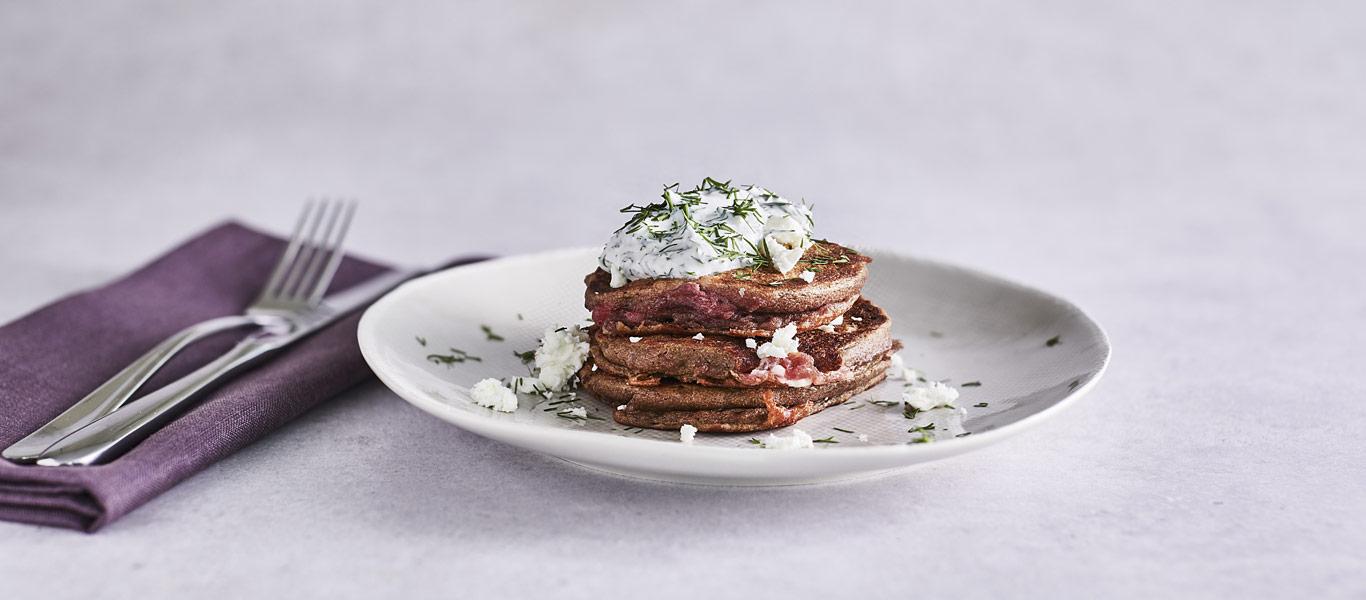 Beetroot and Feta Pancakes with Dill Cream