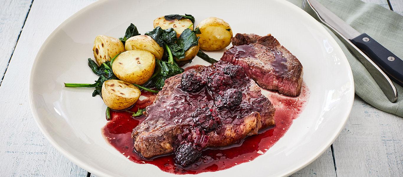 Steak & Blackberry and Gin Sauce with Spinach Potatoes
