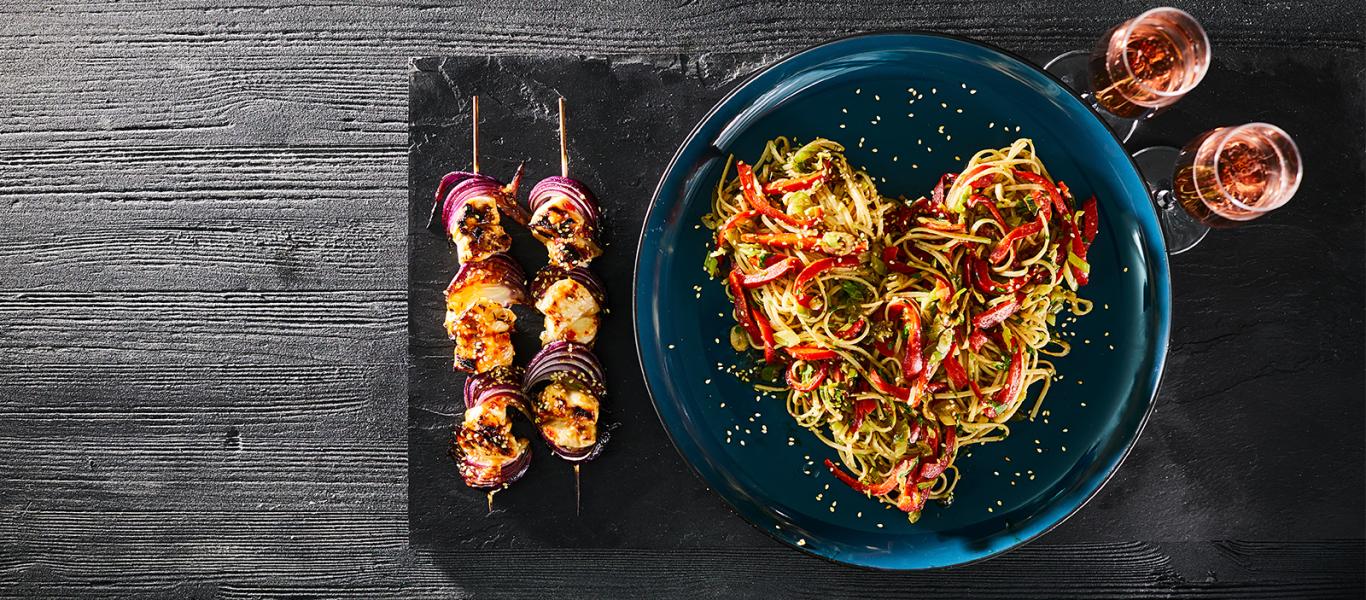 Chicken Kebabs with Noodles