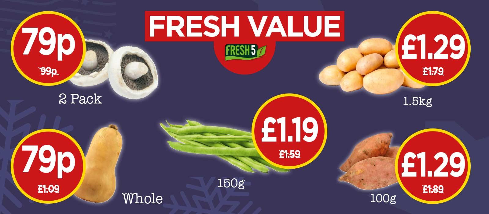 FRESH 5: Farm Fresh Sweet Potato, Trimmed Beans, Flat Mushrooms, Butternut Squash, Mini Roasting Potatoes - at Budgens