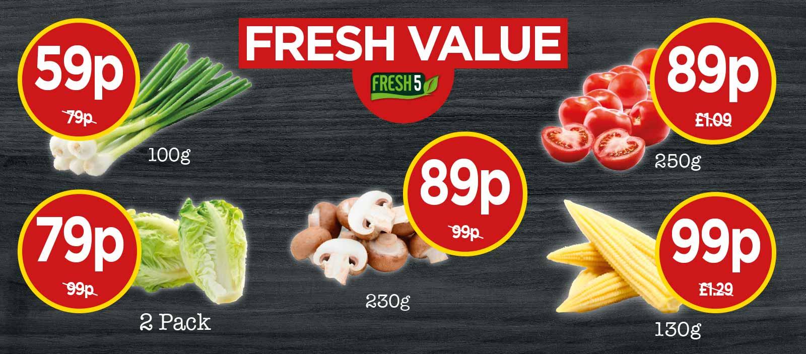 FRESH 5: Farm Fresh Cherry Tomatoes, Chestnut Mushrooms, Little Gem Lettuce, Spring Onions, Fine Green Beans - Fresh Value at Budgens