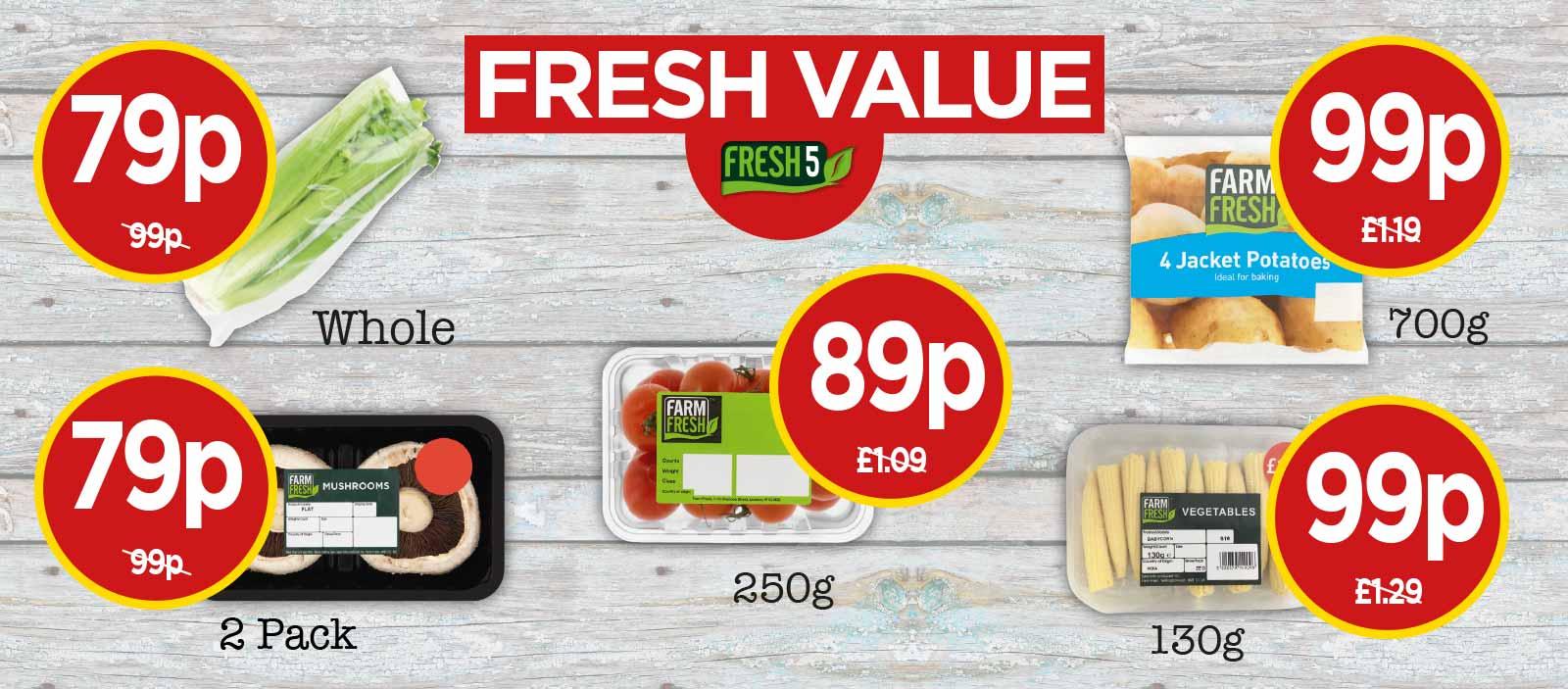 FRESH 5: Farm Fresh Flat Mushrooms, Celery, Cherry Tomatoes, Jacket Potatoes, Baby Corn at Budgens