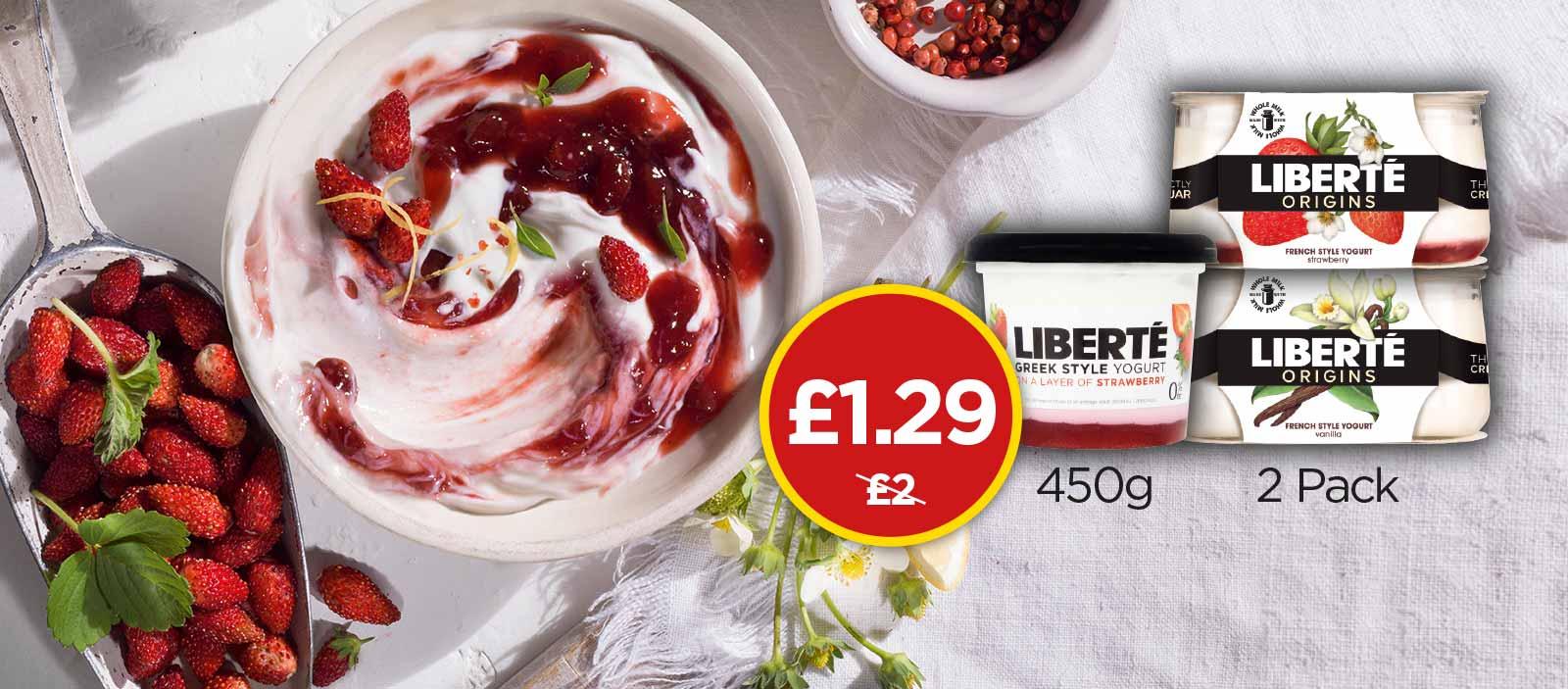 Liberte Greek Style Layered Strawberry Yogurt, Liberte Origins French Style Vanilla Yogurt, Liberte Origins French Style Strawberry Yogurt - Was £2, Now £1.29 at Budgens