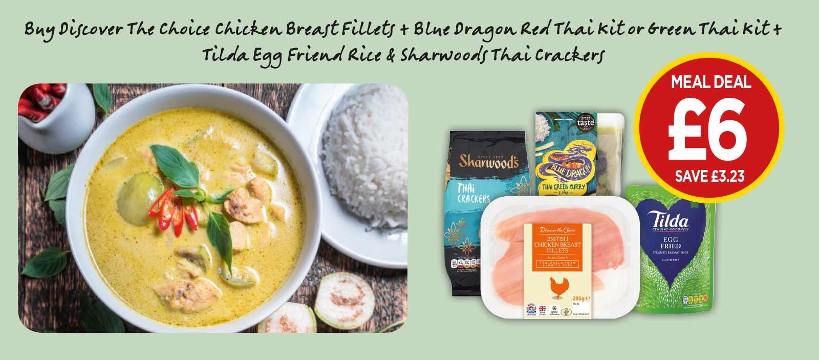 THAI MEAL DEAL: Blue Dragon 3 Step Green Curry, Red Curry, Discover the Choice Chicken Breast Fillets, Tilda Steamed Egg Fried Rice, Sharwoods Thai Crackers - £6 at Budgens