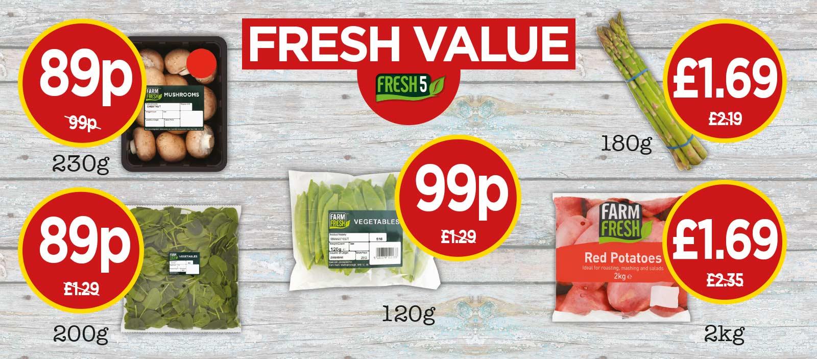FRESH 5: Farm Fresh Mangetout, Chestnut Mushrooms, Spinach, Asparagus, Red Potatoes - at Budgens