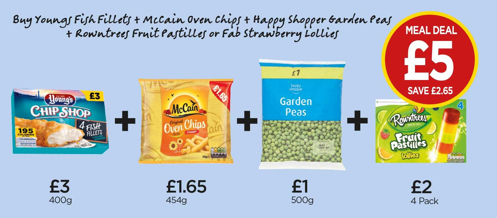 FROZEN MEAL DEAL: Young’s Fish Fillets, McCain Oven Chips, Happy Shopper Garden Peas, Nestle Fruit Pastille Lollies - £5 at Budgens