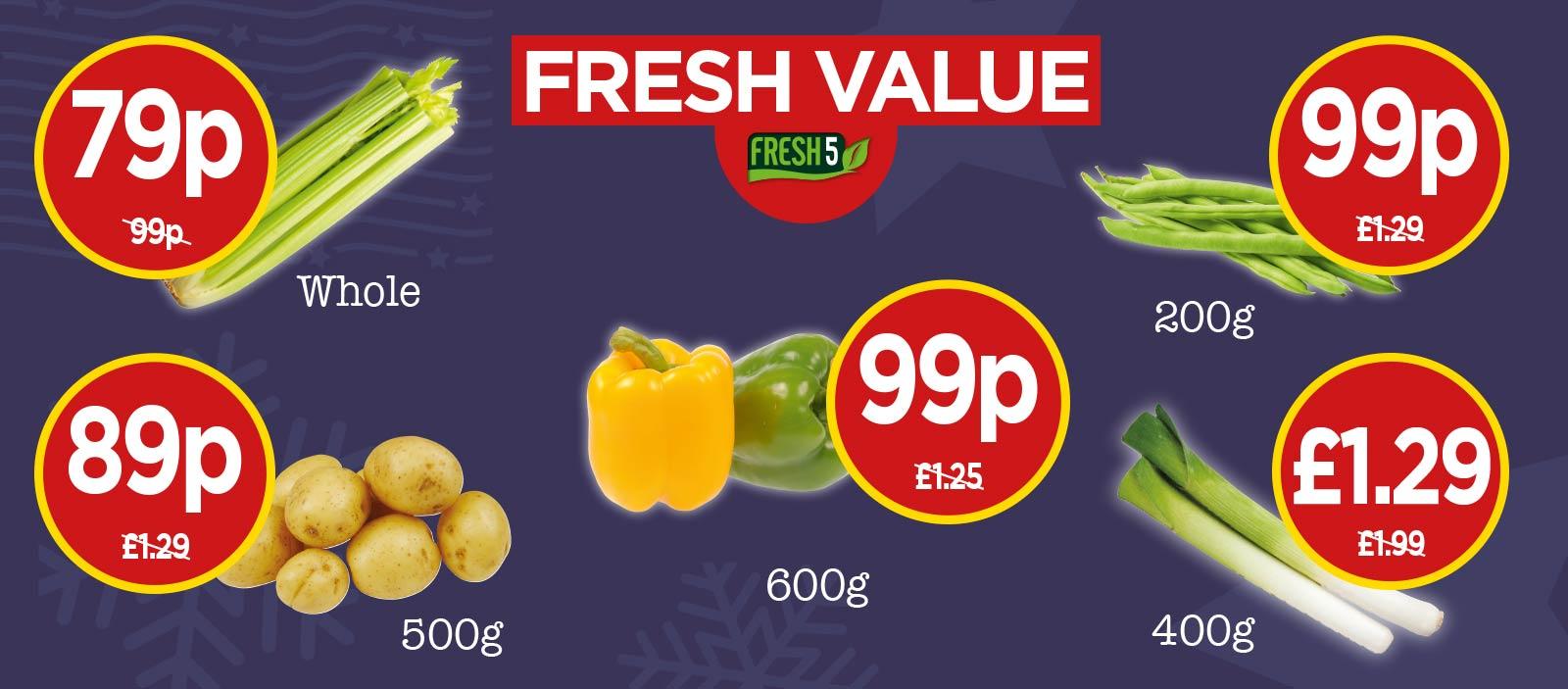 FRESH 5: Farm Fresh Celery, Fine Green Beans, Fresh Peppers, Baby Potatoes, Leeks - at Budgens