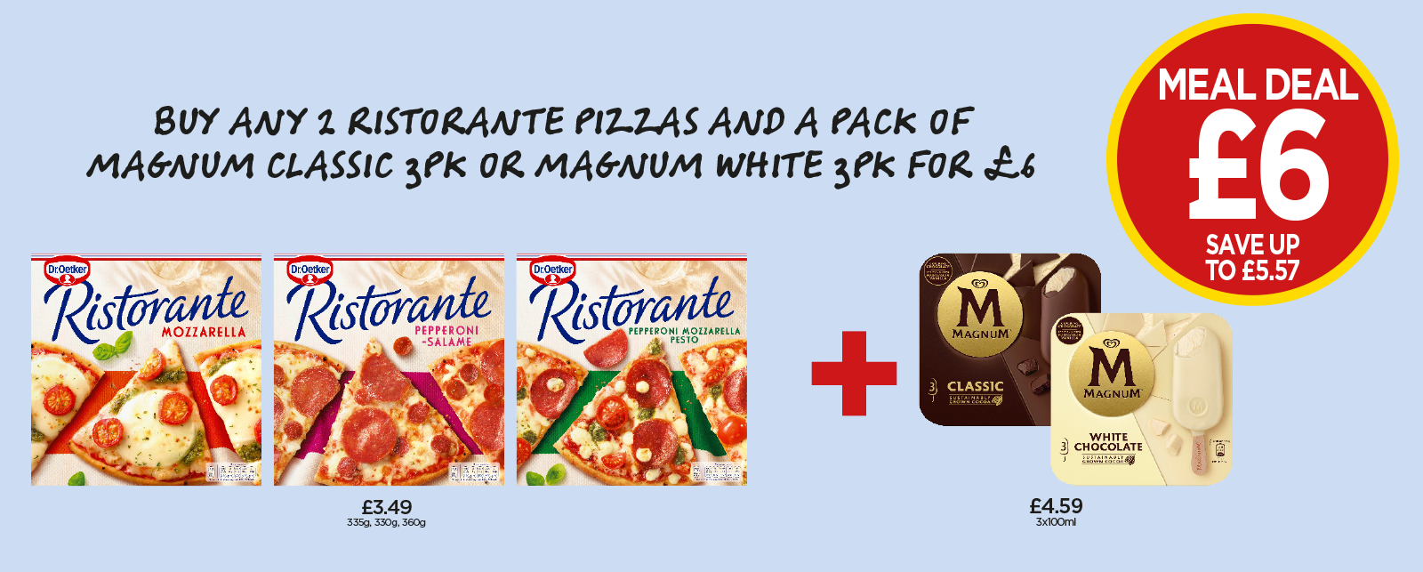 Ristorante Mozzarella, Pepperoni-Salame, Pepperoni Mozzarella Pesto, Magnum Classic, White Chocolate - Buy Any 2 Ristorante Pizzas And A Pack Of Magnum Classic Or White For £6 at Budgens