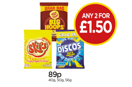 Big Hoops BBQ Beef Grab Bag, Skips Prawn Cocktail, Discos Salt & Vinegar - Any 2 For £1.50 at Budgens