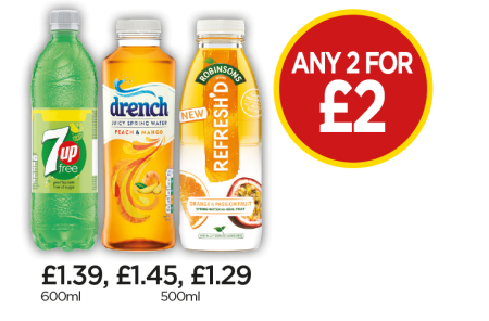 7UP Free, Drench Peach & Mango, Robinsons Refresh'D Orange & Passionfruit Spring Water - Any 2 For £2 at Budgens