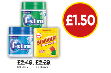Wrigley's Extra Peppermint Gum, Extra Spearmint Gum, Starburst Fruity Mix Gum - Was £2.49, £2.29, Now £1.50 at Budgens