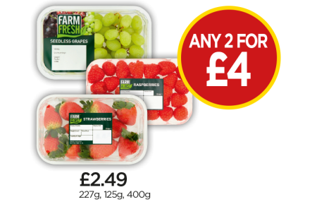 Farm Fresh Strawberries, Raspberries, White Grapes - Any 2 For £4 at Budgens