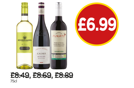 Kendermann Special Edition Riesling, Calvet Release Merlot, Purato Nero D'Avola Organic Wine - Now £6.99 at Budgens