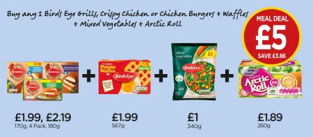 £5 MEAL DEAL: Birds Eye 2 Crispy Chicken, Potato Waffles, Mixed Vegetables, Arctic Roll Raspberry - £5 at Budgens
