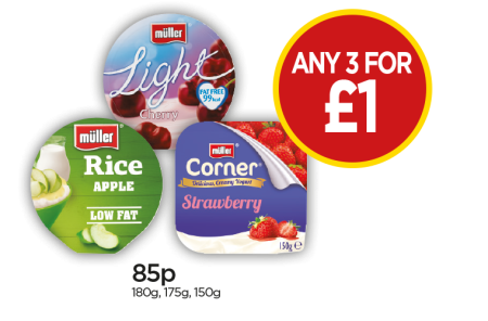 Muller Rice Apple In Syrup, Light Cherry, Fruit Corner Strawberry Yoghurt - Any 3 For £1 at Budgens
