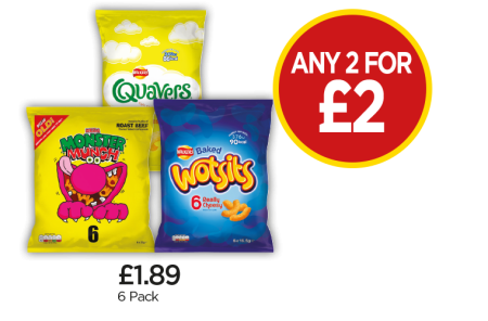 Monster Munch Roast Beef, Quavers Cheese, Wotsits - Any 2 For £2 at Budgens