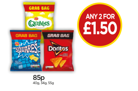 Walkers Salt & Vinegar Squares Grab Bag, Quavers Cheese, Doritos Chilli Heatwave - Any 2 For £1.50 at Budgens