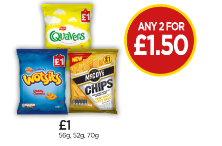 Wotsits Cheese, Quavers Cheese, McCoy's Chip Shop Curry Sauce - Any 2 For £1.50 at Budgens