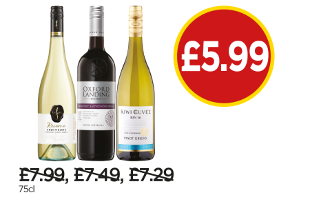 Kumala Reserve Chenin Blanc, Oxford Landing Estate Cabernet Sauvignon Shiraz, Kiwi Cuvee Pinot Grigio - Now £5.99 at Budgens