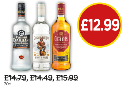Russian Standard Vodka, Captain Morgan Spiced Rum, Grants Blended Scotch Whisky - Now £12.99 at Budgens