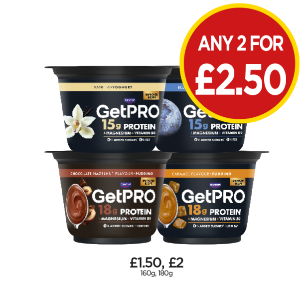 GetPro Yoghurt Vanilla, Blueberry, Pudding Choc & Hazelnut, Caramel - Any 2 for £2.50 at Budgens