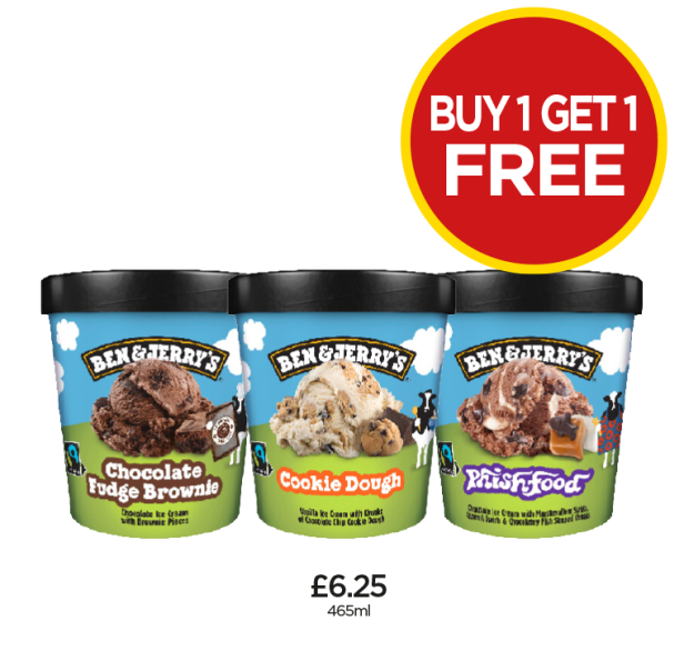 Ben & Jerry's Chocolate Fudge Brownie, Cookie Dough, Phish Food - Buy 1 Get 1 FREE at Budgens