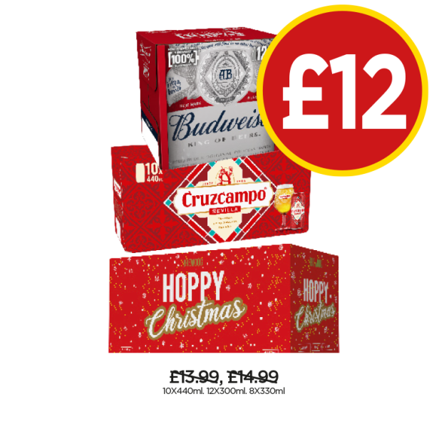 Budweiser, Cruzcampo, Brewdog Hoppy Christmas - Now Only £12 at Budgens