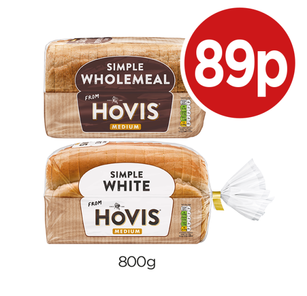 Hovis Wholemeal, Simple White - Now Only 89p at Budgens