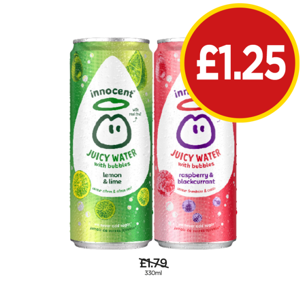 Innocent Juicy Water Bubbles Lemon & Lime, Raspberry - Now Only £1.25 at Budgens