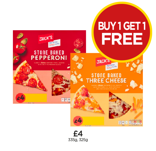 Jack's Stone Baked Pepperoni, Three Cheese - Buy 1 Get 1 FREE at Budgens