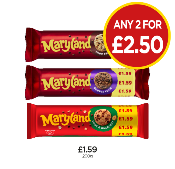 Maryland Choc Chip, Double Choc, Choc & Hazelnut - Any 2 for £2.50 at Budgens