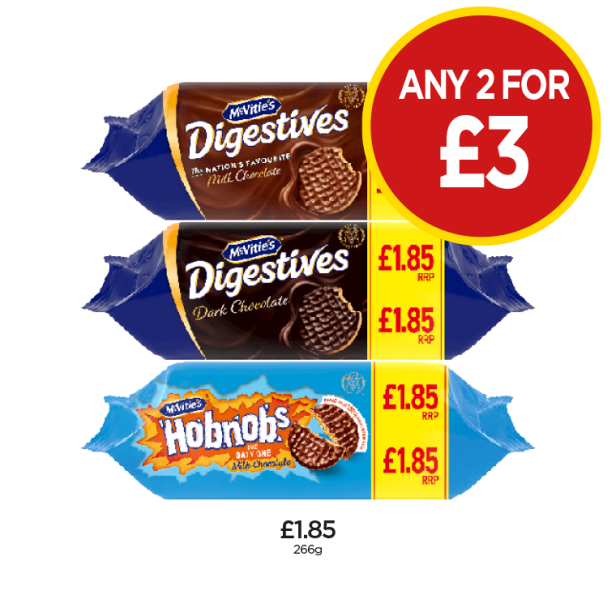 McVities Digestives Milk Chocolate, Dark, Hobnobs - Any 2 for £3 at Budgens