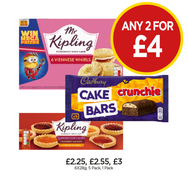 Mr Kipling Viennese Whirls, Jam Tarts, Crunchie Cake Bars - Any 2 for £4 at Budgens