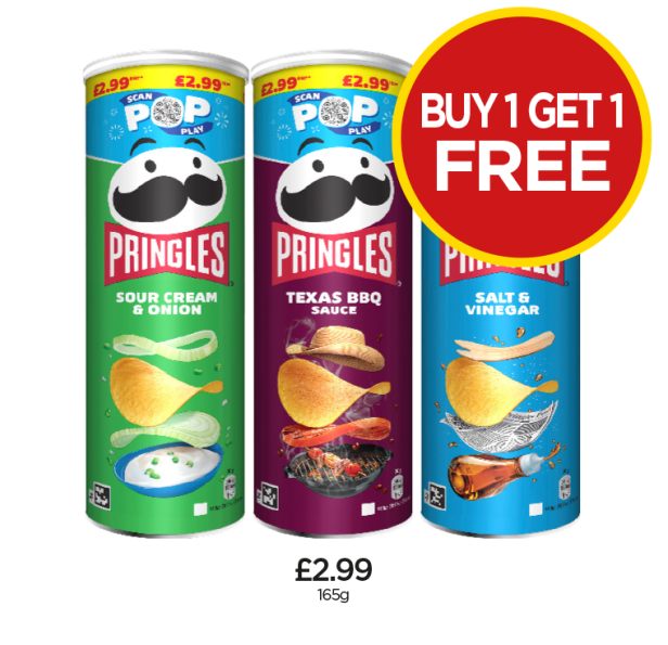 Pringles Sour Cream & Onion, Texas BBQ Sauce, Salt & Vinegar - Buy 1 Get 1 FREE at Budgens