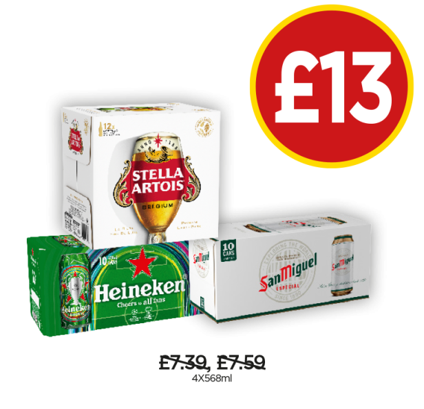 Stella Artois, Heineken, San Miguel - Now Only £13 at Budgens