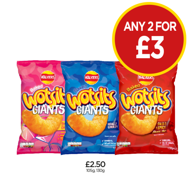 Wotsits Giants Prawn Cocktail, Really Cheesy, Sweet & Spicy - Any 2 for £3 at Budgens