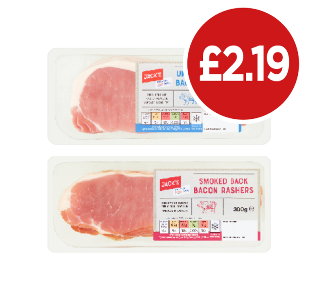 Jacks Smoked Back Bacon, Unsmoked - Now Only £2.19 at Budgens